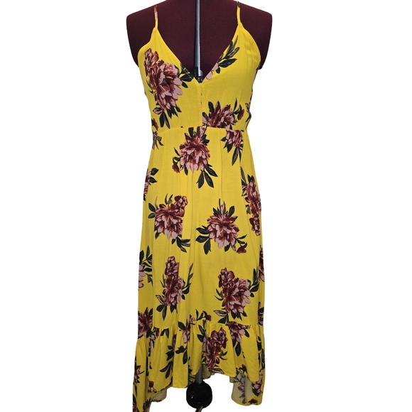 Pacific Vibes Floral Yellow Pink Hi-Lo Maxi Dress Size L Boho Feminine Beachy - Picture 12 of 13